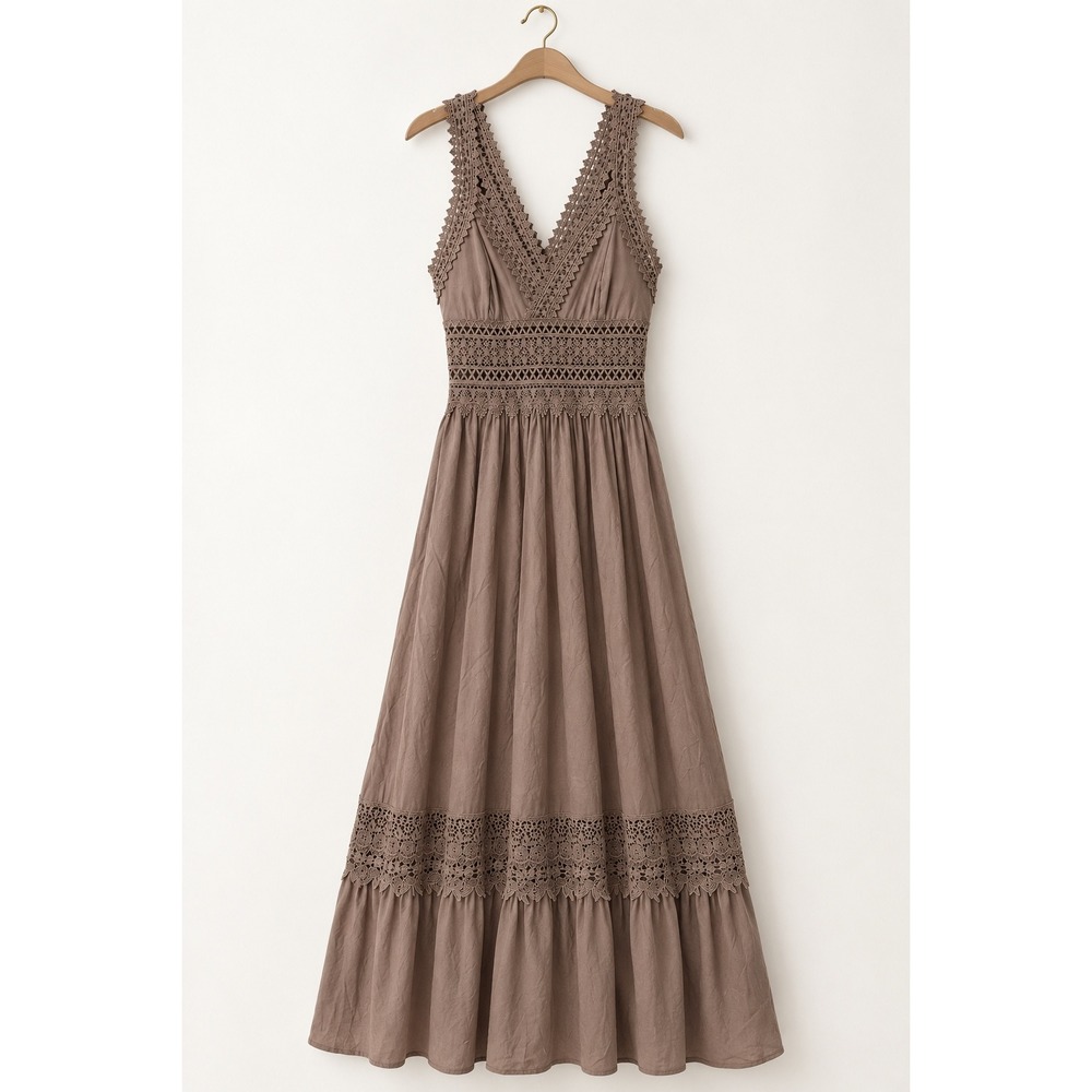 Taupe Brown Crochet Lace Maxi Dress XL Boho Tiered Ruffle Earthy Western Cottage